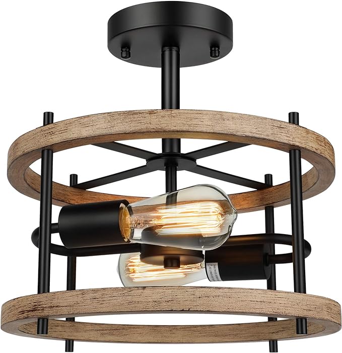 Lakumu 2-Light Retro Semi Flush Mount Ceiling Light Fixture, Rustic Vintage Wood Ceiling Light Black Metal, Industrial Farmhouse Ceiling Lamp for Hallway Entryway Bedroom Balcony Farmhouse Dining Room