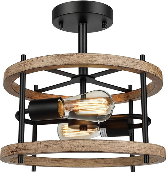 Lakumu 2-Light Retro Semi Flush Mount Ceiling Light Fixture, Rustic Vintage Wood Ceiling Light Black Metal, Industrial Farmhouse Ceiling Lamp for Hallway Entryway Bedroom Balcony Farmhouse Dining Room