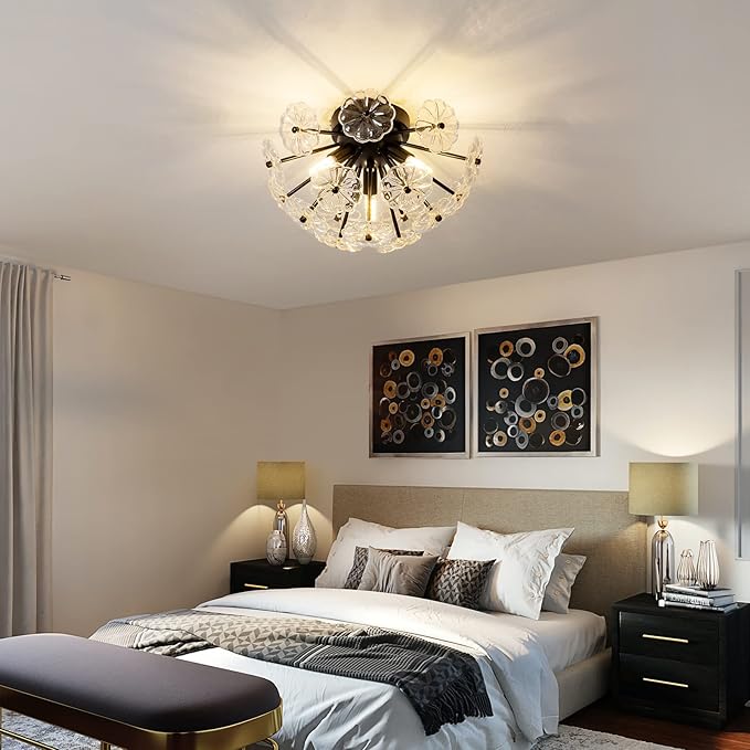 Semi Flush Mount Ceiling Light, Black Metal Flower Ceiling Light Fixtures, 3-Light Farmhouse Close to Ceiling Lamp Fixture for Bedroom Closet Kitchen Living Room Hallway(Dia 13.8")