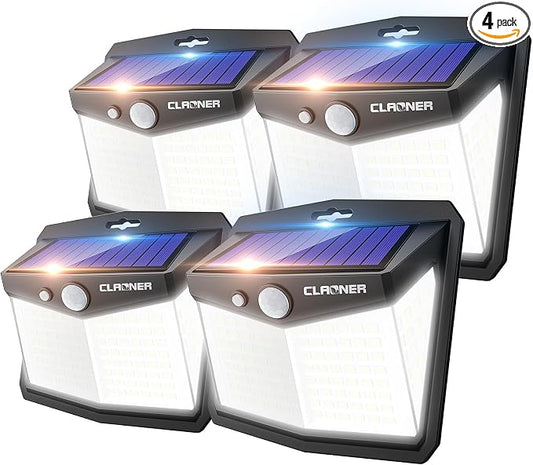 CLAONER Solar Lights Outdoor, [128 LED/4 Packs] Solar Motion Sensor Lights 3 Working Modes Outdoor Lights with 270° Wide Angle Wireless IP65 Waterproof Security Light for Fence Patio, Cold White