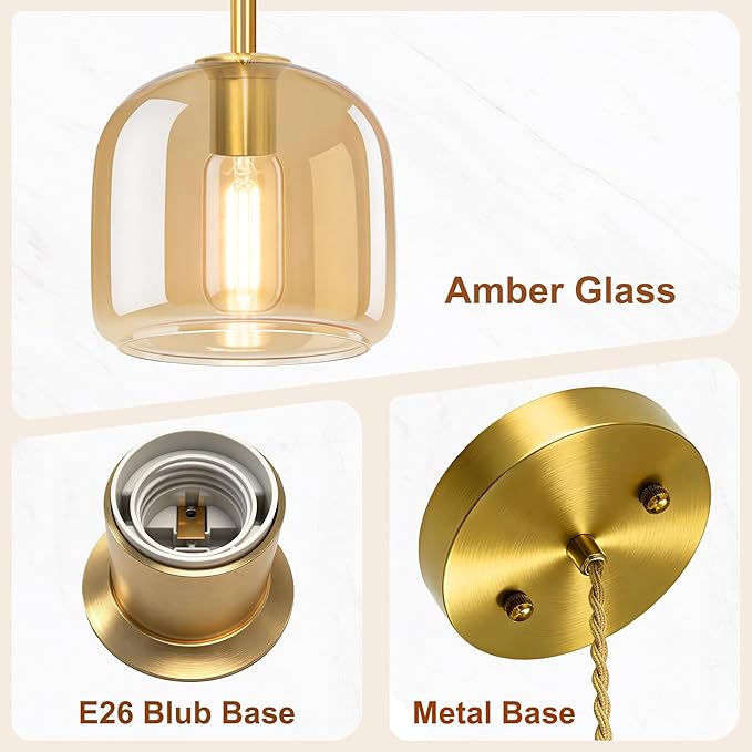 Pendant Lights 3 Pack,Pendant Kitchen Island Light with Amber Glass Shade,Gold Pendant Light Adjustable Hanging Light for Dining Room,Kitchen Island,Hallway,Living Room and Coffee Shop