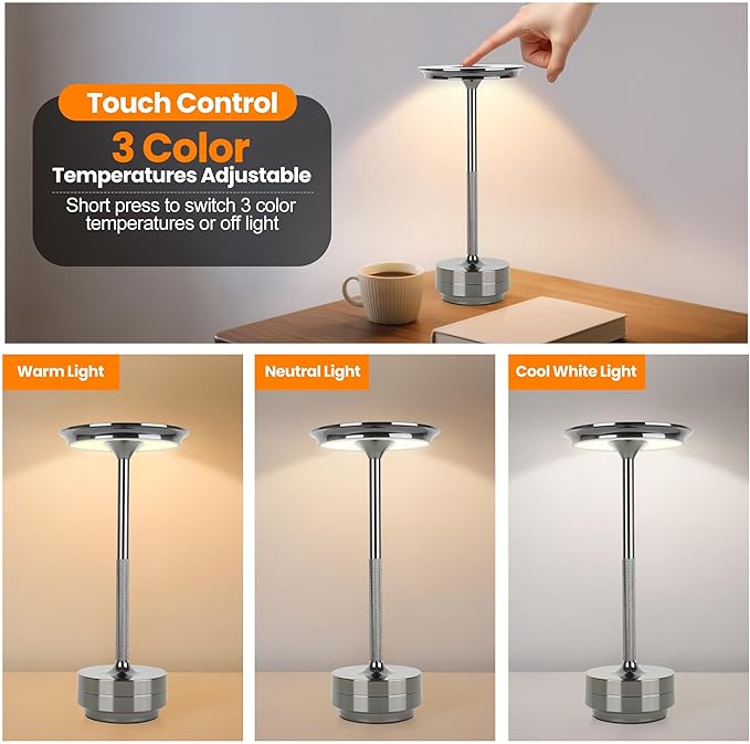 Cordless Table Lamp Rechargeable 5000mAh, 3-Color Stepless Dimming Touch Sensor, Portable LED Desk Light for Bedroom, Nightstand, Camping, Patio (1-Pack Pearl Black)