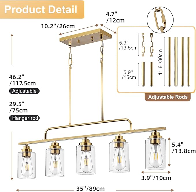 Dining Room Light Fixture - Brushed Gold 5-Light Farmhouse Chandelier Kitchen Island Lights Fixtures Modern Linear Chandeliers Hanging Pendant Lighting Over Table for Dining Room