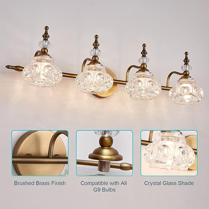 Vintage Vanity Light Fixtures, 4-Light Bathroom Lighting with Crystal Glass Lampshade, Matte Brushed Antique Brass Finish, Vanity Lights for Bathroom Bedroom Hallway