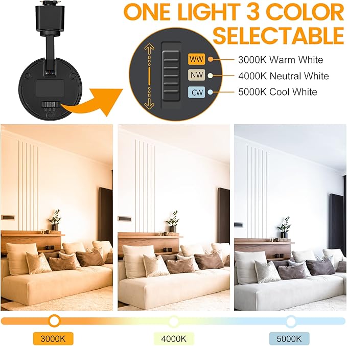 VANoopee 3-Color 20W J Type Track Lighting Heads Dimmable Bright LED Track Lighting Fixtures for Accent Task Retail Kitchen Ceiling Track Light 3000K 4000K 5000K - Flicker Free CRI90+ 36° 2000lm Black
