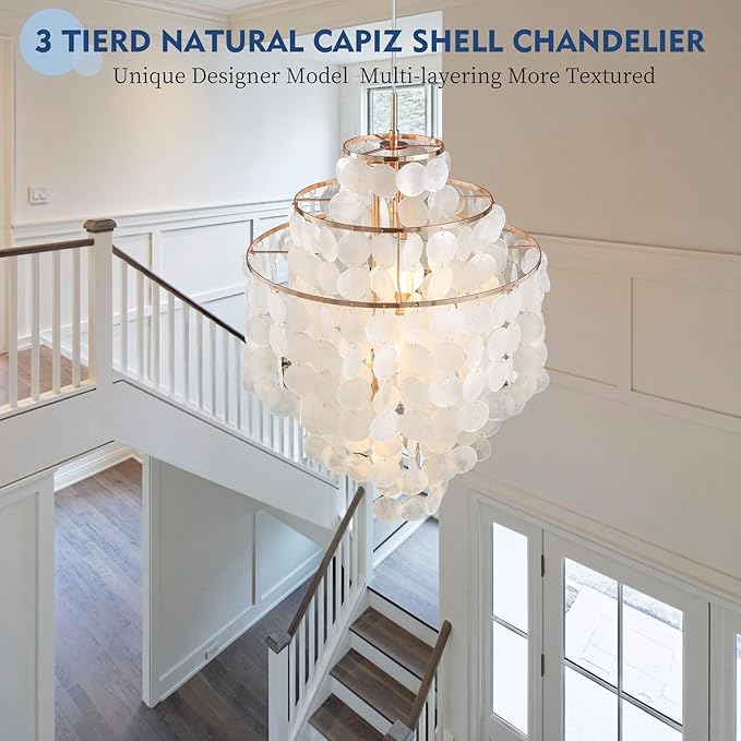 Capiz Shell Chandelier,18" Gold Coastal Chandelier Light Fixture with 4 Lights Capiz Seashell Pendant for Living Room Foyer Kitchen Island Entryway Dining Room Bedroom,LED Bulb Included