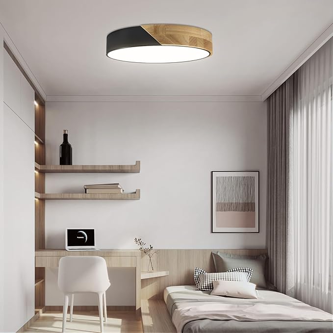 Ketom Modern Flush Mount Ceiling Light Fixture 12 Inch LED Ceiling Light, 24W Minimalist Round Shaped Wood Ceiling Lamp Natural White 4500K, Not Dimmable