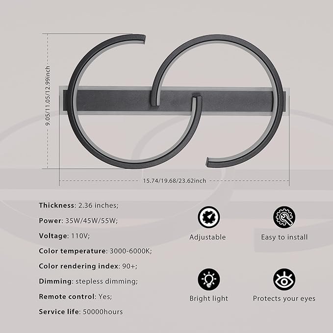 LED Ceiling Light 2 Rings Black Modern Ceiling lamp 45W Flush Mount Ceiling Light with Remote 3000-6000K Living Room Light Fixture 19.68in for Bedroom Dining Room Office, YC-MGuo-BD-2301002