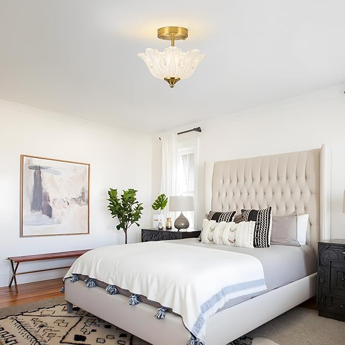 Semi Flush Mount Ceiling Light, Gold Vintage Light fixtures with Floral White Glass Shade, Modern Close-to-Ceiling Lighting for Bedroom Kitchen Living Room Hallway