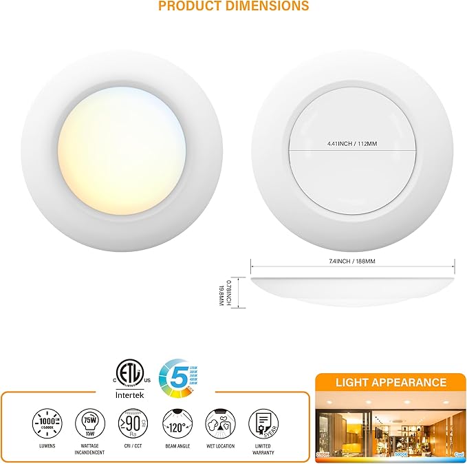 6 Inch LED Low Profile Disk Light with Dusk to Dawn Sensor, 120VAC, 15W, 5CCT Color Changing, 1000LM, Non-Dimmable, ETL, Shower Rated Screw in Photocell Ceiling Light, White/1 Pack