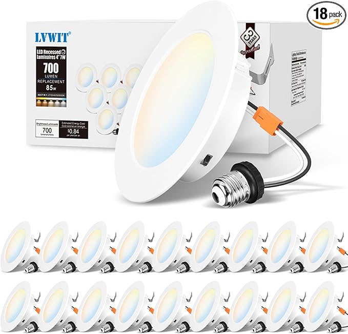 LVWIT 4 Inch LED Recessed Light, Recessed Can Lights Color Selectable 2700/3000/4000/5000/6000K 5CCT, 7W 700LM, Dimmable LED Can Lights with E26 Conversion Kit,Suitable for 4inch Can,18 Pack