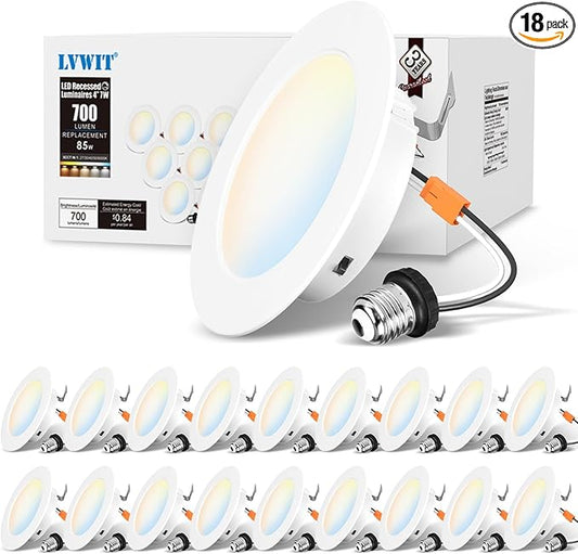 LVWIT 4 Inch LED Recessed Light, Recessed Can Lights Color Selectable 2700/3000/4000/5000/6000K 5CCT, 7W 700LM, Dimmable LED Can Lights with E26 Conversion Kit,Suitable for 4inch Can,18 Pack