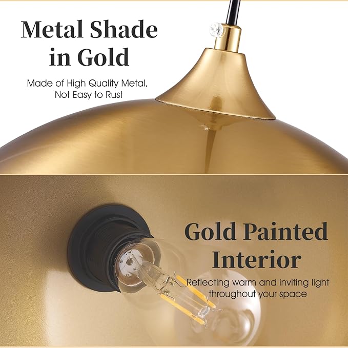 Gold Pendant Light 2 Pack, 11.8" Modern Pendant Lights Kitchen Island Adjustable Height, Farmhouse Dome Hanging Light for Dining Room Bar