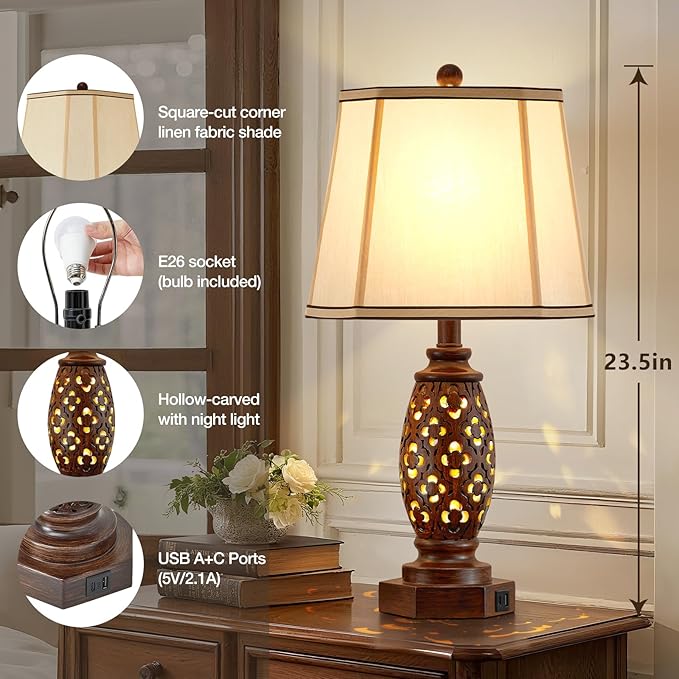 EJIAXIN Bedside Lamps Set of 2-23.5" Vintage Table Lamp with USB A+C and Nightlight - Brown Carved Resin Farmhouse Desk Lamp for Bedrooms, End Tables, Living Room, Bulbs Included