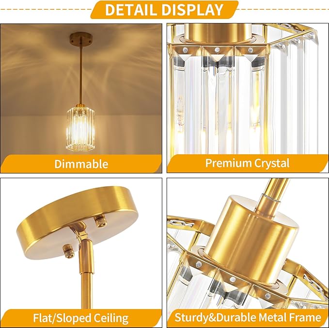 3-Pack Brushed Gold Pendant Lights Kitchen Island Modern Crystal Hanging Pendant Light Hexagonal Mini Chandelier Adjustable Hanging Kitchen Lights for Dining Room Hallway Bedroom Entryway Pendant Lamp