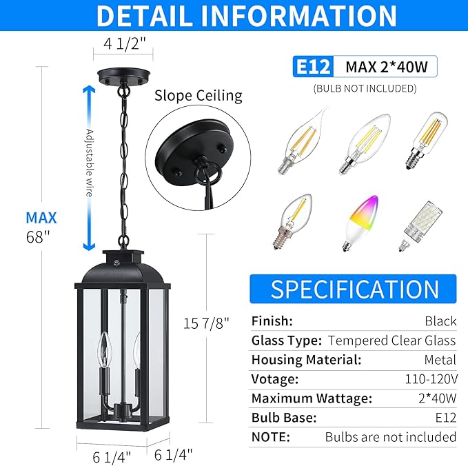 Large Outdoor Pendant Light 2-Light, 15.8" Dusk to Dawn Exterior Hanging Lights Fixture with Clear Glass, Modern Black Outdoor Chandelier for Gazebo Porch Patio Front Door