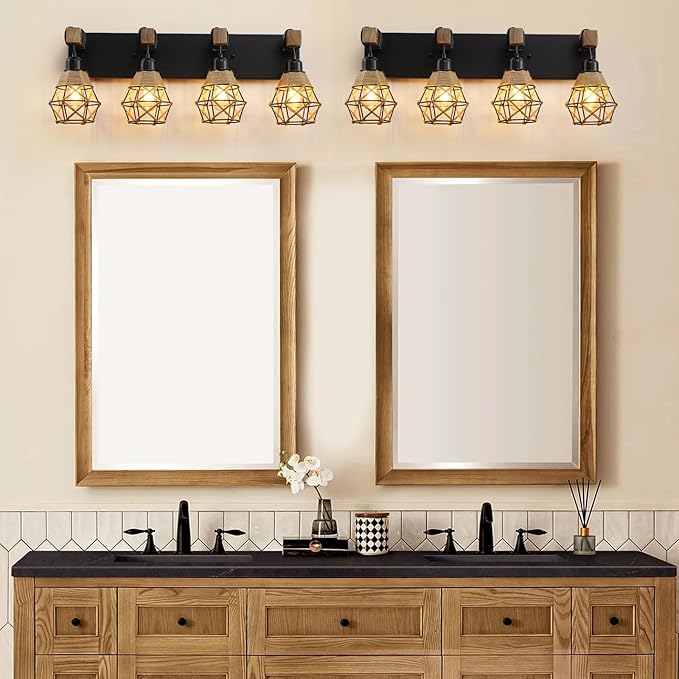 LmnLvn Farmhouse Bathroom Light Fixture, 4-Light Black Rattan Vanity Light, Boho Bathroom Light Fixture Over Mirror Rustic Vanity Lighting with Handwoven Shades, Suit for Restroom, Bedroom, Hallway