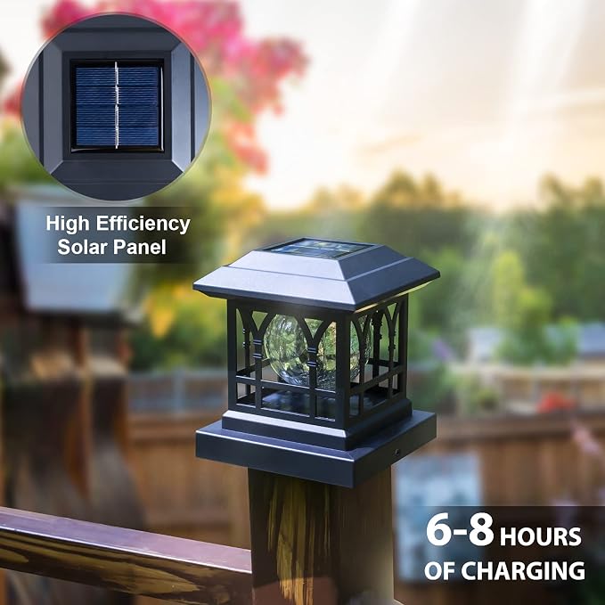 Solar Post Cap Lights, Warm White & RGB Automatic Cycling, Cracked Glass Bulb, 20 Lumens lP65 Waterproof Fit 3.6x3.6 4x4 4.5x4.5 5x5 Wood Fence Post Solar Powered Lights Black (2 Pack)