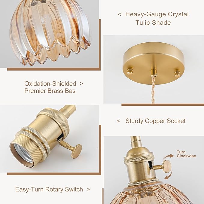 Mini Pendant Lights Kitchen Island 2 Pack, Small Adjustable Pendant Light Fixture with Amber Tulip Glass Lampshade, Vintage Gold Pendant Lighting, Pendant Light for Bedroom Dining Room Hallway