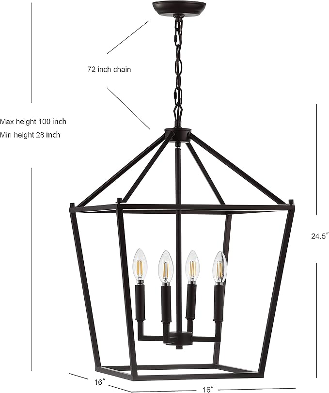 JONATHAN Y 16" Oil Rubbed Bronze Lantern Pendant Light, 4-Light Pagoda Style Metal Cage Farmhouse Hanging Ceiling Fixture for Kitchen Island, LED Bulb Included (JYL7437A)