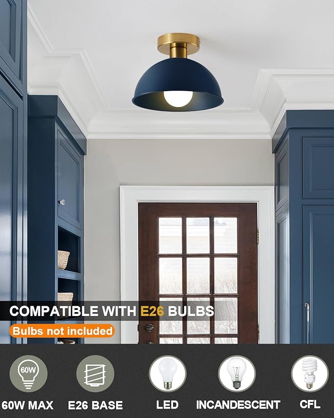 Industrial Semi Flush Mount Ceiling Light with Gold Plate and Blue Shade, Farmhouse Ceiling Light Fixture for Kitchen Island Dining Room Foyer Hallway Porch Barn Loft，10in