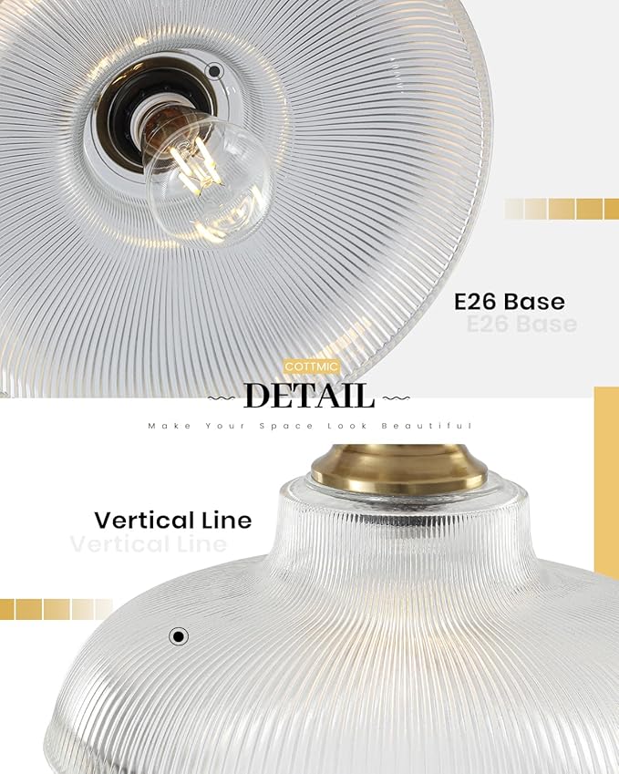 Gold Glass Pendant Lights Kitchen Island, 12in, Modern Kitchen Pendant Lights Fixture, Farmhouse Pendant Lighting for Dining Room Bedroom Bar Sink, 2 Pack