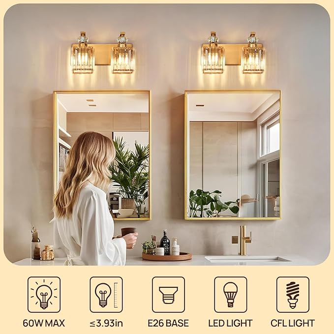 Modern Bathroom Vanity Light, 2-Light Gold Bathroom Lighting Fixtures Over Mirror, 12.6" Crystal Wall Light Sconce for Bathroom/Bedroom/Vanity, Includes LED Bulbs, Easy Installation