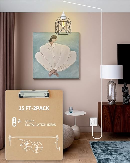 Plug in Hanging Light Cord,E26/E27 Extension Hanging Plug in Light Sockt, 2-Pack 15FT Pendant Light Socket Kits White for Kitchen Bedroom Farmhous.