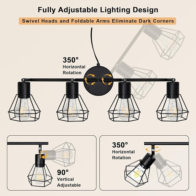 HiBay Plug in Track Lighting Fixtures Ceiling, Adjustable 4-Light Track Light Black, Directional Modern Ceiling Spotlight E26 with 16.4ft Cord & in-Line On/Off Switch for Kitchen Living Room Dorm
