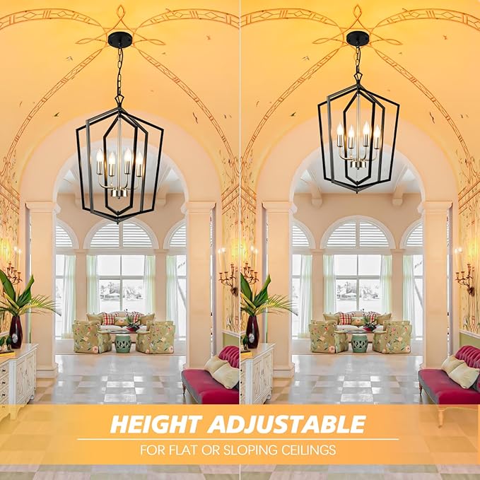 WJShome 18.1" Farmhouse Chandeliers for Dining Room, 4-Light Modern Foyer Lighting Fixture,Black and Silver Hanging Lantern Pendant Light, for Kitchen Island,Hallway,Entryway