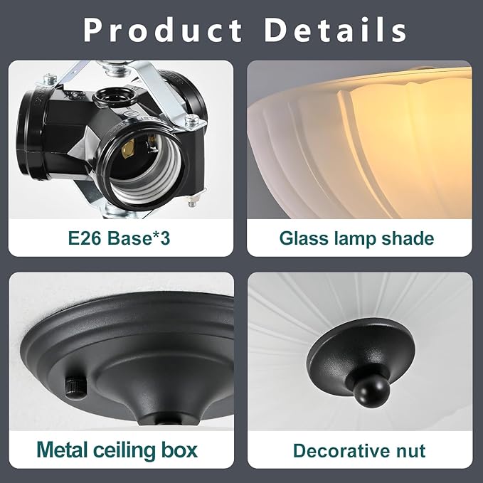 Frosted Glass Ceiling Light Fixture - Semi Flush Mount with 3 E26 Bulb Sockets, Soft Diffused Lighting/Anti-Glare Shade Lighting for Living Room Dining Room Hallway, Vintage Indoor Chandelier