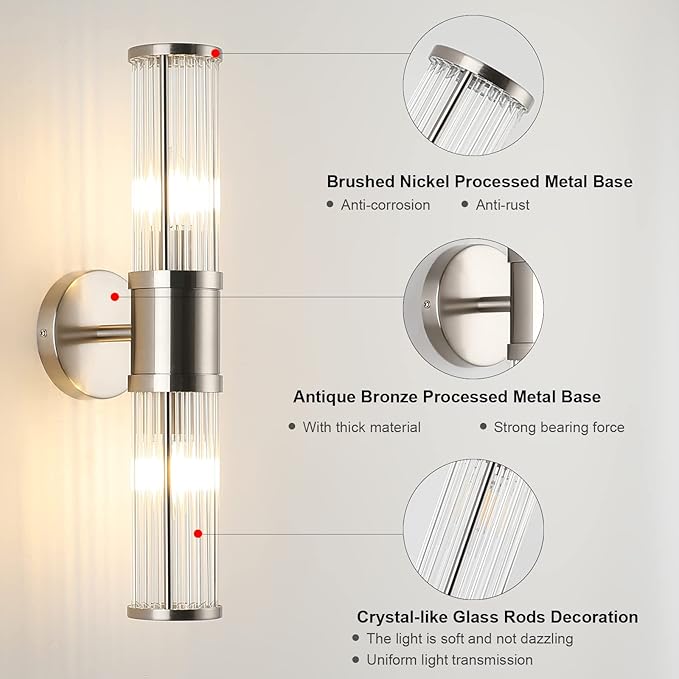 Brushed Nickel Wall Sconce with Glass Rods - Modern Industrial Vanity Light Fixture, E12 Candelabra Base for Bathroom, Bedroom & Hallway (Bulbs Not Included)