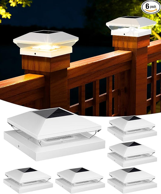 T-SUN Solar Post Cap Lights Outdoor 6 Pack, 2 Modes LED Fence Post Solar Lights Fit for 4x4 5x5 6x6 Vinyl/Wooden Posts, Waterproof Deck Post Lights Solar Powered for Garden Patio Gate Porch