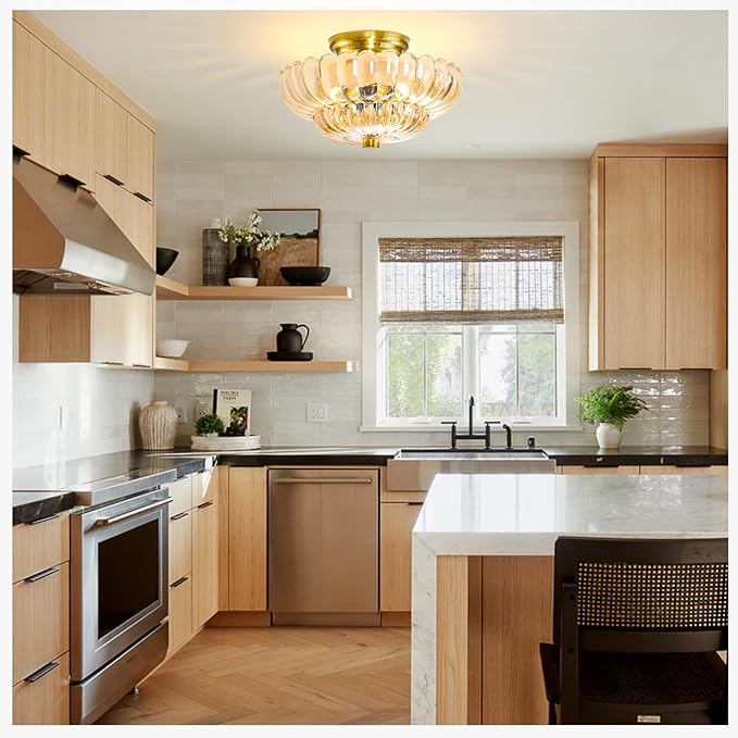Semi Flush Mount Ceiling Light Fixture Vinatge Gold Ceiling Lights Mid Century Modern Glass Close to Ceiling Lighting Fixtures for Bedroom Hallway Foyer Bathroom Kitchen Laundry Room Nursery