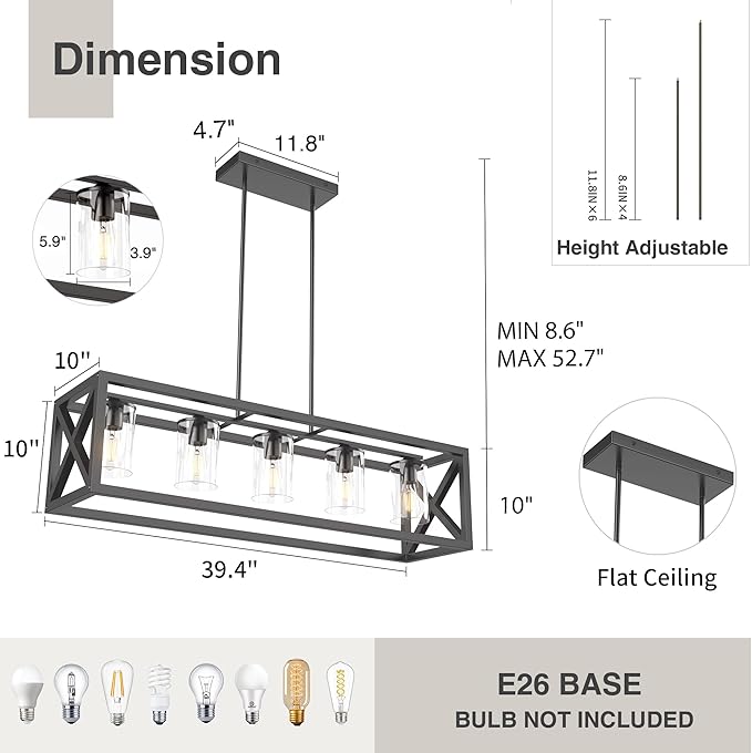 Espird Farmhouse Dining Room Light Fixture - 5 Light Matte Black Rectangle Light Fixture with Adjustable Height & Thickened Metal Dining Table Fixture Chandeliers for Dining Room&Kitchen Island