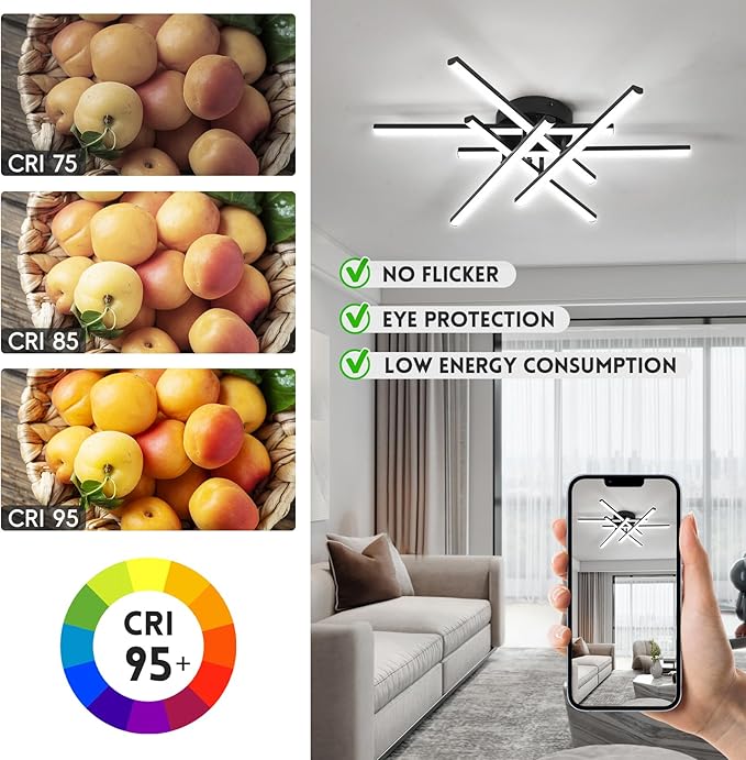 CANEOE Sputnik Modern Led Ceiling Light,50W LED Dimmable with Remote Control Ceiling Light Fixture Black Flush Mount Chandelier Ceiling Lighting for Bedroom Living Room Kitchen Office Ceiling Lamp