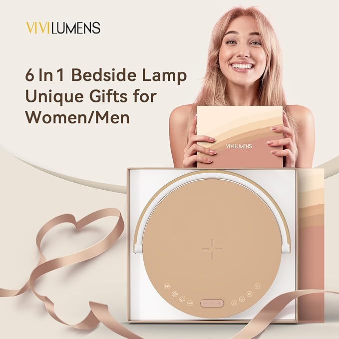 Vivilumens Gifts for Mom 6 in 1 Bedside Lamps with Wireless Charger Bluetooth Speaker White Noise Machine Music Table Lamp with Night Light Personalized Birthday Gift for Women Teens Girls(Rosy Beige
