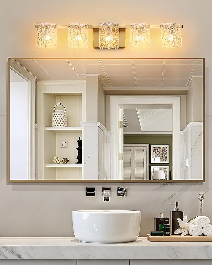 5-Light Bathroom Vanity Lights, 31" Brushed Gold Bathroom Light Fixtures Over Mirror with Clear Glass, Modern Bath Wall Sconce Lighting for Bath Restroom, OS-MM5002-5BG