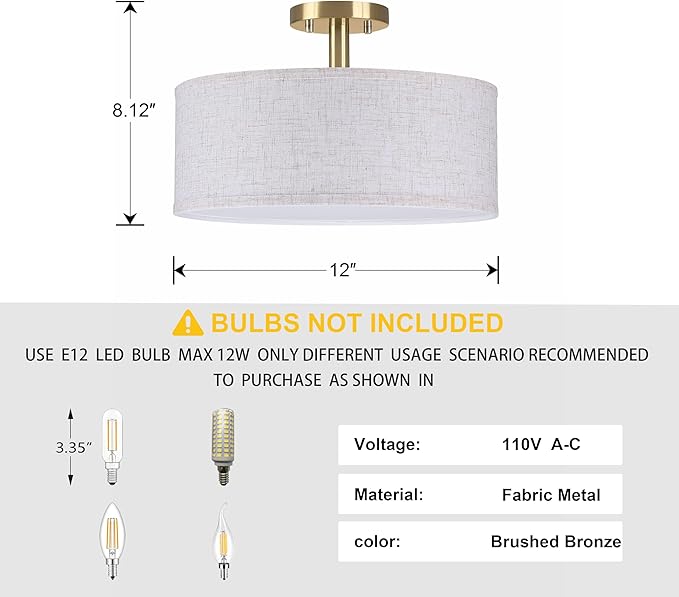 12 Inch Drum Gold 3 Light Semi Flush Mount Close to Ceiling Light Fixture,Linen Fabric Shade for Bedroom,Living Room,Dining Room Hallway