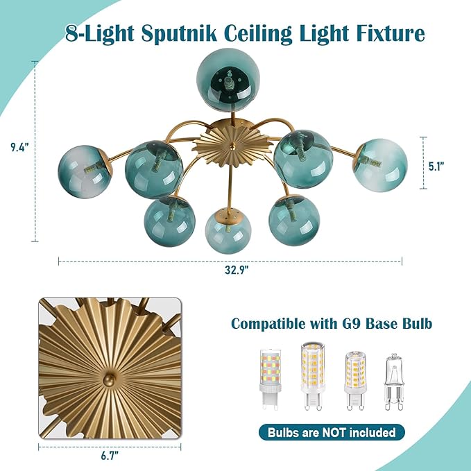 8-Light Bubble Chandelier, 33" Dia Sputnik Ceiling Light Fixture Cluster Globe Dining Room Light Fixture, Modern Blue Chandelier for Living Room Dining Room Bedroom(Blue, 8 Light Ceiling Light)
