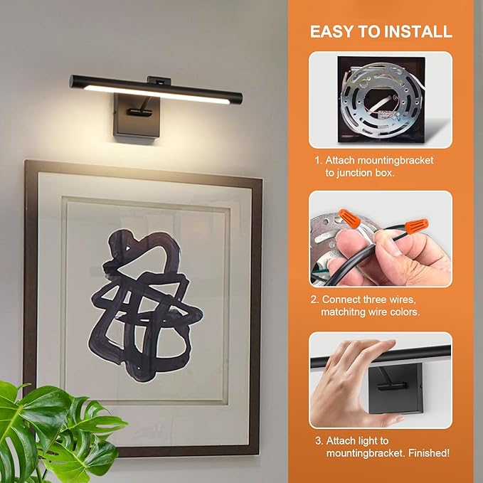 Joosenhouse LED Picture Light Fixtures 16.53" Inches Long Modern Black Wall Lamps with Rotatable Lighting Tube Picture Frame Lights for Paintings 7W(50W Eqv.) Hardwired Connection 3000K