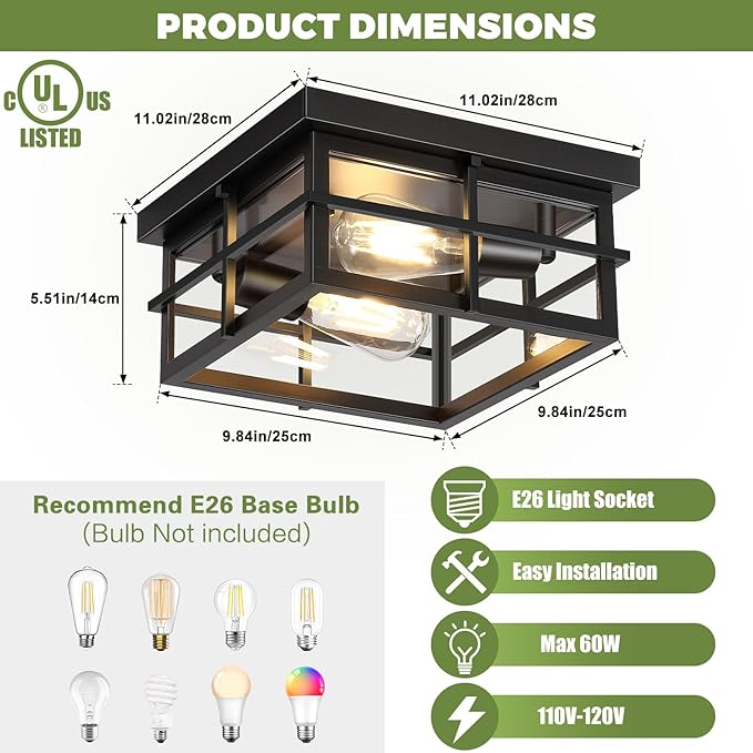 2-Light Black Flush Mount Ceiling Light, Farmhouse Kitchen Lighting Fixtures with Clear Glass, Outdoor Porch Lights Ceiling Mount, Square Hallway Light Fixtures for Bedroom Living Room Balcony