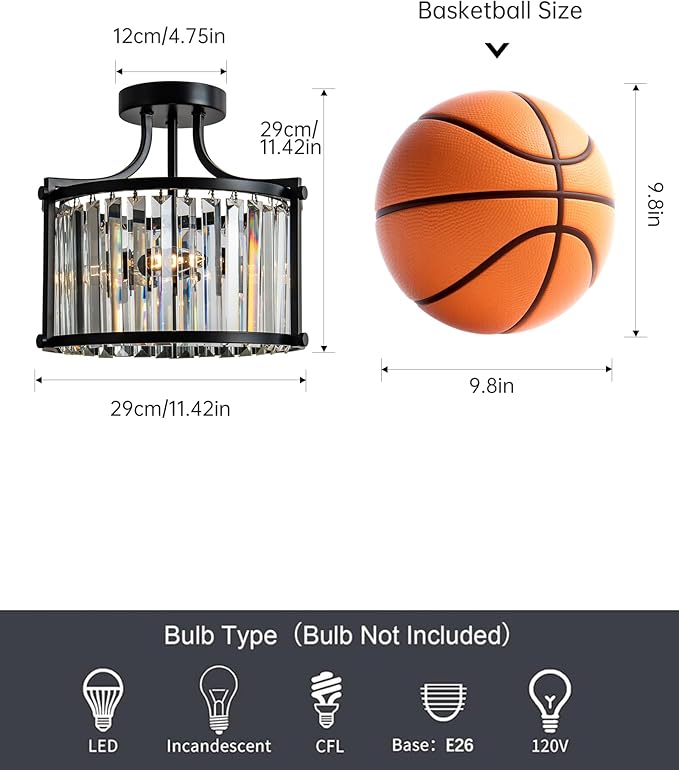 KSRYSZCQ Black Crystal Ceiling Light 3-Light Flush Mount Ceiling Light Fixture 12.59" E12 Bulb Round Hallway Lighting Fixtures for Kitchen Entryway Bedroom Bathroom