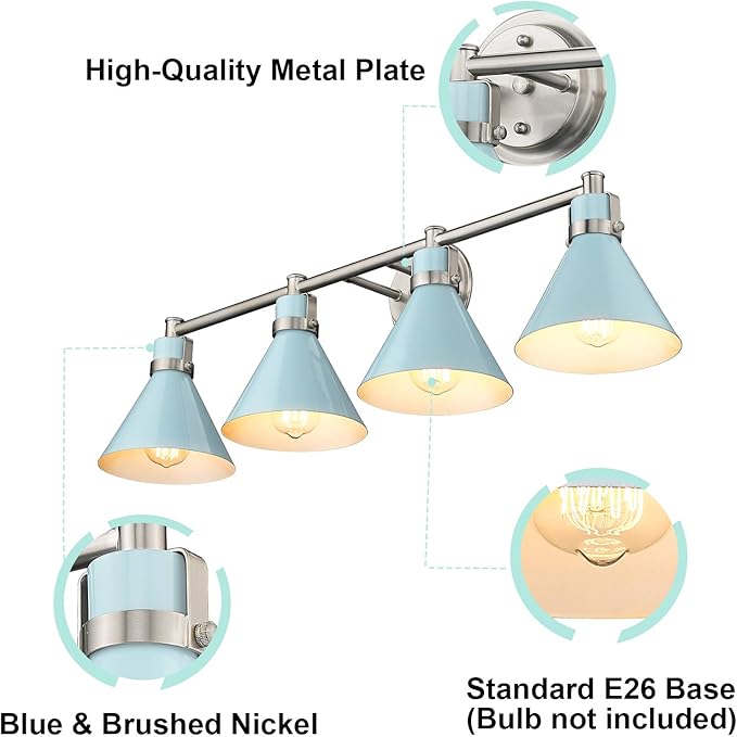 zeyu Bathroom Wall Light Fixtures 4-Light, Modern Industrial Vanity Lighting Fixture, Blue and Brushed Nickel Finish, ZY26-4W SF