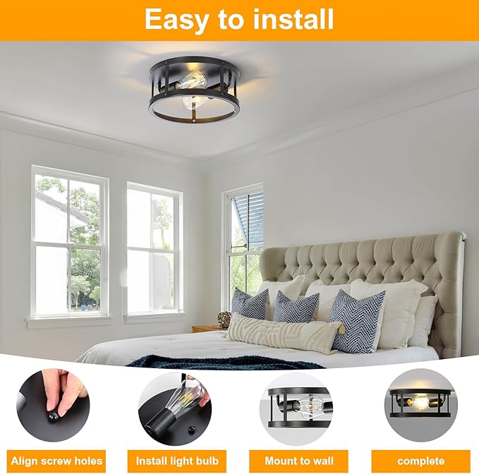 Close to Ceiling Light Fixtures 2-Light, 11 Inch Farmhouse Black Kitchen Semi Flush Mount Ceiling Light, Easy Assembled, Modern Indoor House Ceiling Lights for Bedroom Entryway