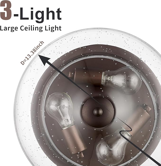 Darkaway Large Ceiling Light Fixtures 3-Ight Flush Mount Indoor Outdoor Ceiling Light with Seeded Glass Shade for Hallway Kitchen Bedroom Porch Living Room Dining Room Bronze Finish