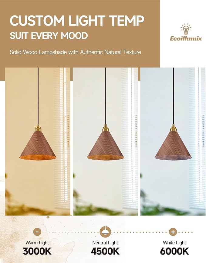 2 Pack Pendant Lights Kitchen Island, 8.3” Modern Pendant Light, Adjustable Height Wood Hanging Light, Kitchen Island Light fixtures for Dining Room, Bedroom, Hallway, Bar (Walnut)