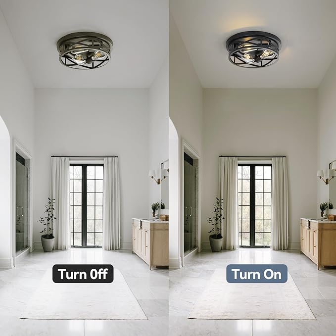 13 Inch Black Farmhouse Close to Ceiling Lights, Farmhouse Metal Cage Flush Mount Ceiling Light 3-Lights, Black Industrial Semi Flush Mount Ceiling Light for House Hallway Kitchen Bedroom