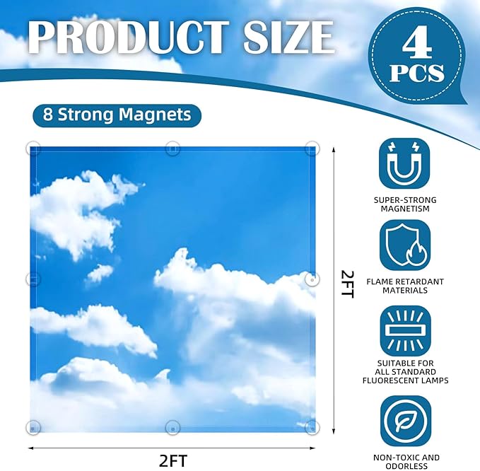 ANGSYLTH 2 x 2 Feet Fluorescent Light Covers - 4 Pcs Covers for Ceiling Lights, Magnetic Light Filters for Classroom, Office, Hospitals, Home (Blue Skies & White Clouds)