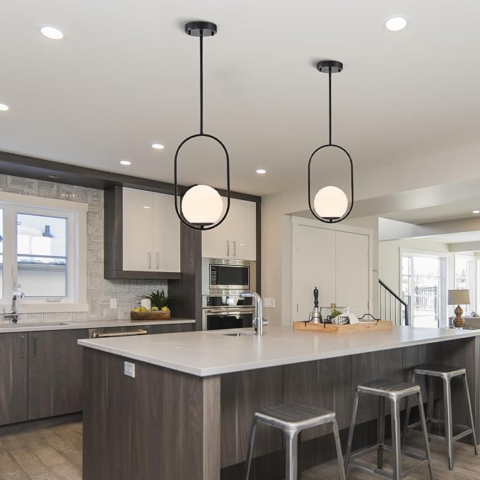 Matte Black Globe Pendant Light – 5.9" Glass Shade Mid Century Modern Hanging Light Fixture, Hardwired Ceiling Pendant for Kitchen Island, Hallway, Entryway, Bathroom, Closet